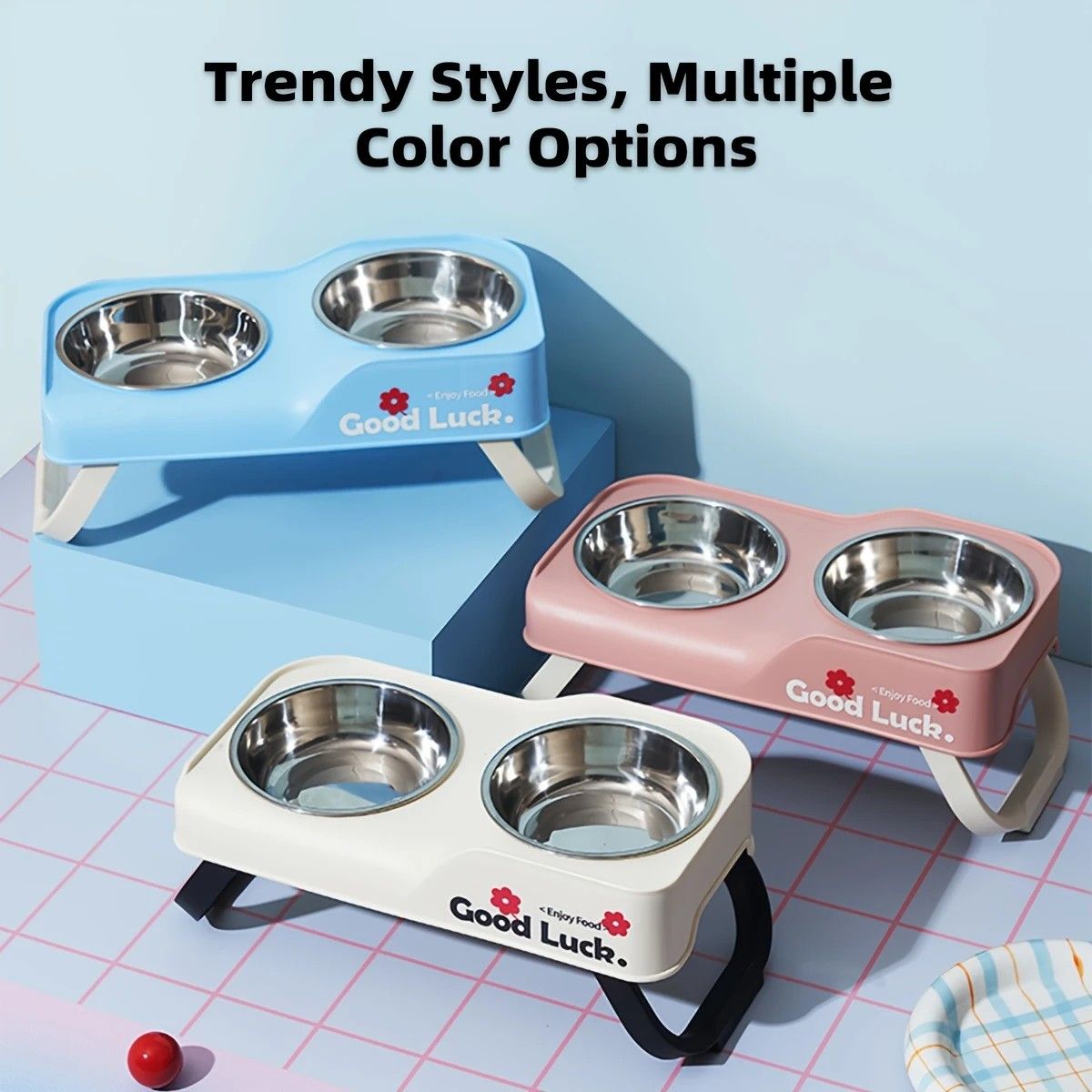 Dopamine Color Pet Bowl Set, Anti-Slip Adjustable Height Design for Small/Medium Dogs and Cats（blue)