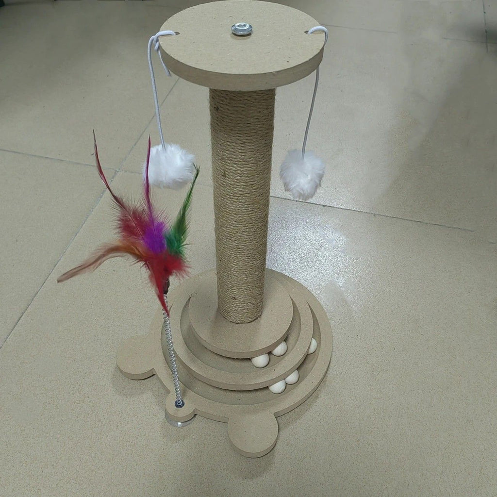 Bestselling Interactive Cat Scratching Post | Sisal Scratching Board + Rotating Ball Track + Feather Toy, Multi-functional Cat Tower for Solo Play and Stress Relief
