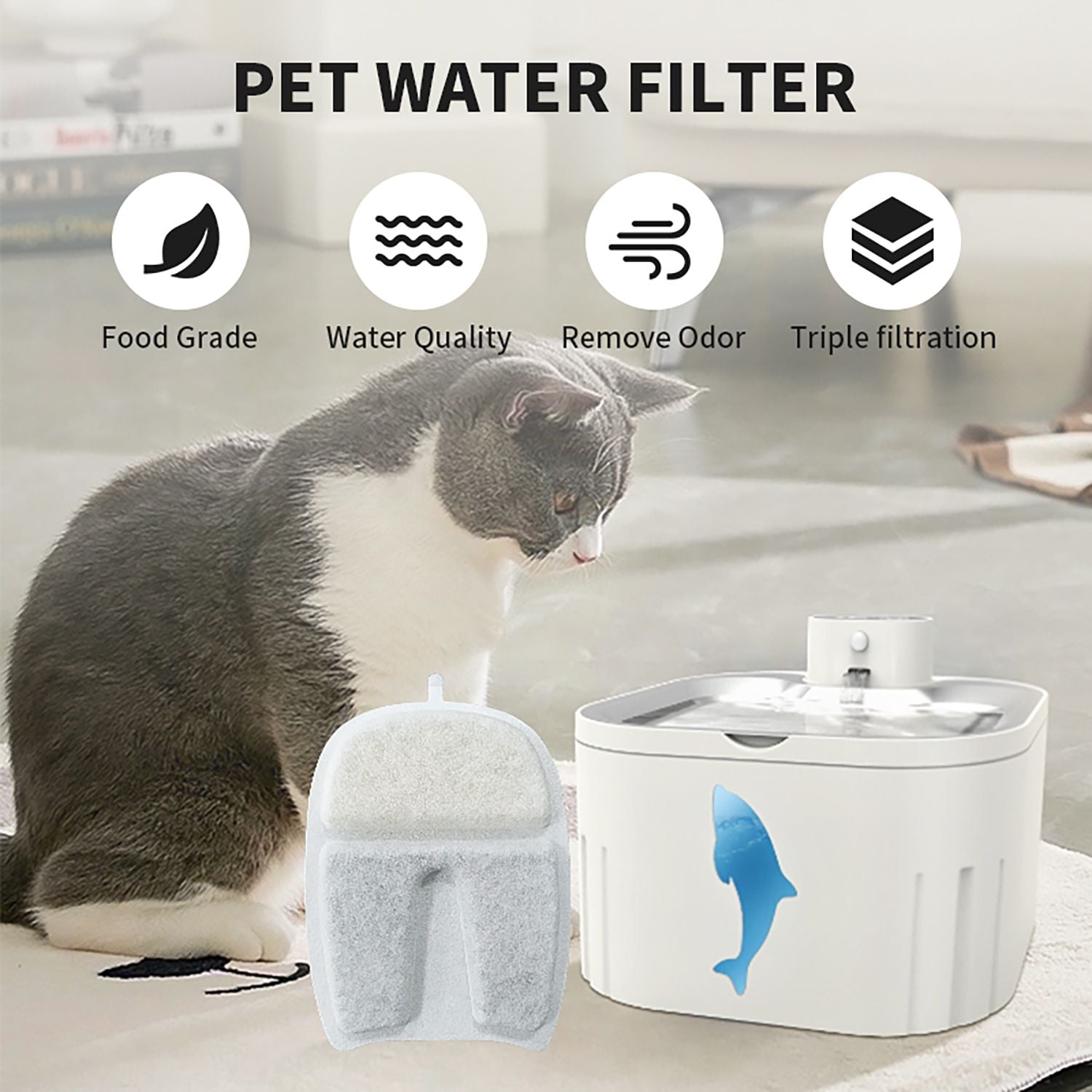 U7 Cat Water Fountain Filters 5 Pack, Triple Filtration Pet Water Fountain Replacement Filters, Food Grade Filters for U7 Wireless Cat Water Fountain, Remove Hair, Odour & Heavy Metals