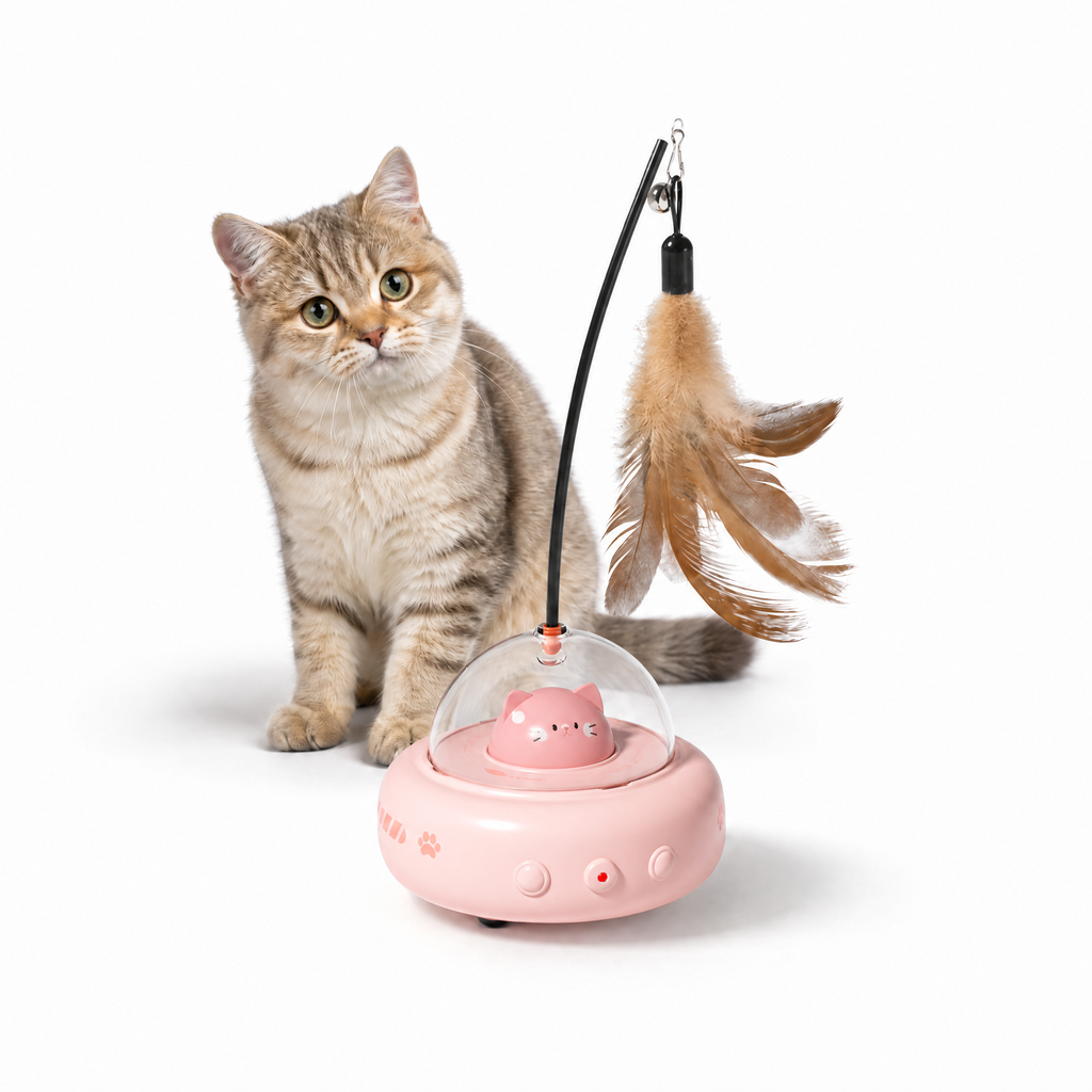 Pink Smart Cat Teaser Toy Rechargeable Interactive Cat Toy with Red Dot Light, Feather Wand, Obstacle Avoidance, Touch Wake-Up, Auto Standby, Soft Rubber Wheels, Cute Cat Design for Indoor Cats