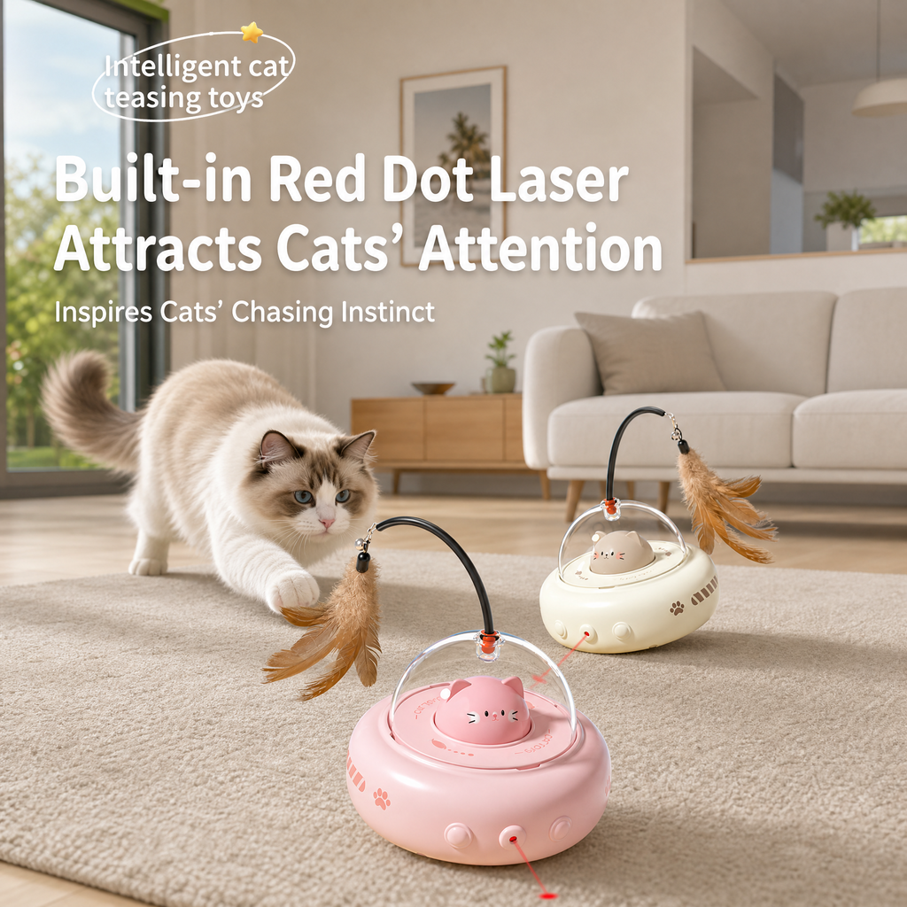 Pink Smart Cat Teaser Toy Rechargeable Interactive Cat Toy with Red Dot Light, Feather Wand, Obstacle Avoidance, Touch Wake-Up, Auto Standby, Soft Rubber Wheels, Cute Cat Design for Indoor Cats