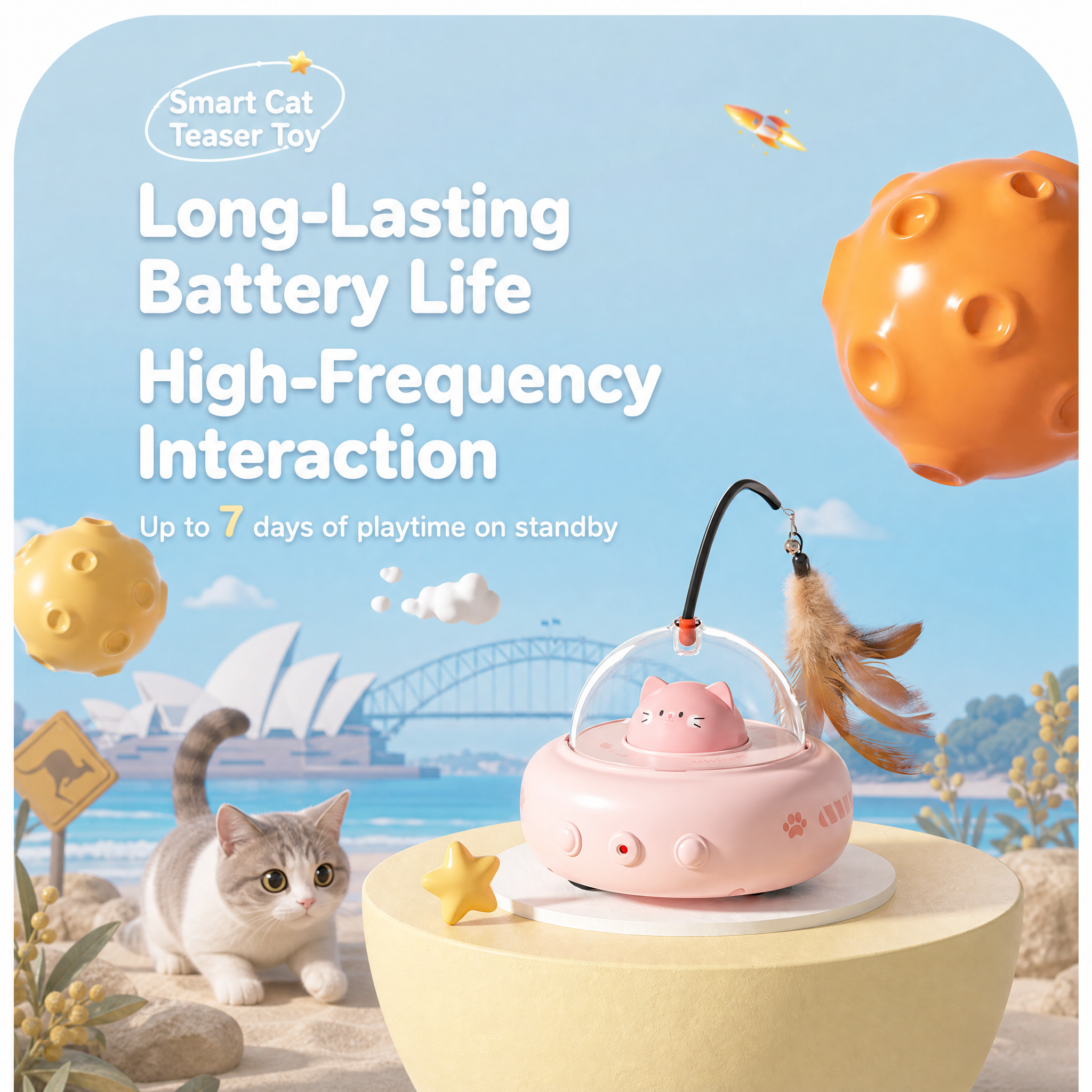 Pink Smart Cat Teaser Toy Rechargeable Interactive Cat Toy with Red Dot Light, Feather Wand, Obstacle Avoidance, Touch Wake-Up, Auto Standby, Soft Rubber Wheels, Cute Cat Design for Indoor Cats