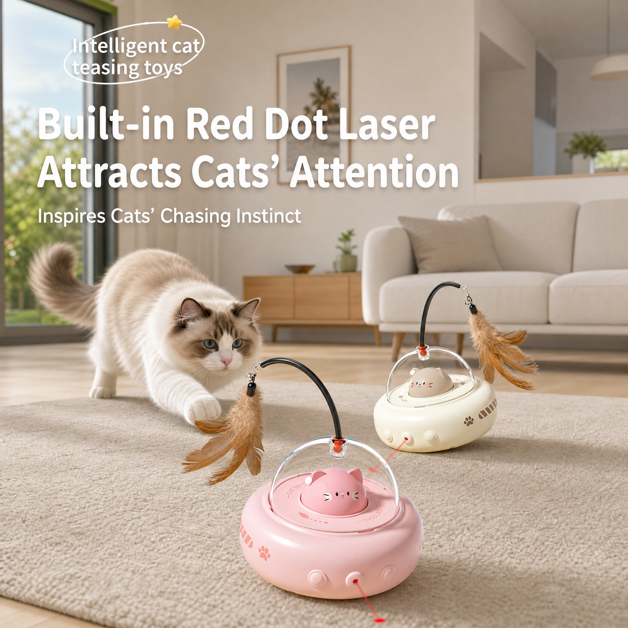 White Smart Cat Teaser Toy Rechargeable Interactive Cat Toy with Red Dot Light, Feather Wand, Obstacle Avoidance, Touch Wake-Up, Auto Standby, Soft Rubber Wheels, Cute Cat Design for Indoor Cats