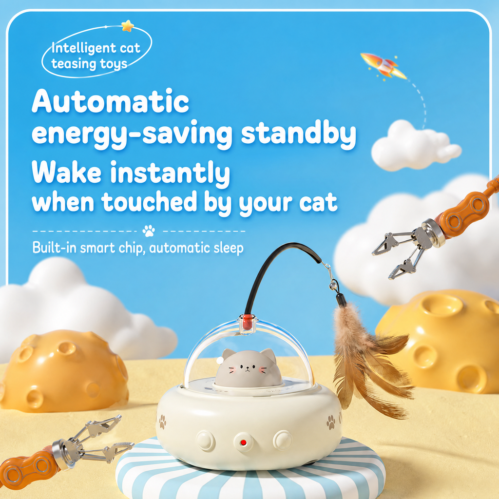 White Smart Cat Teaser Toy Rechargeable Interactive Cat Toy with Red Dot Light, Feather Wand, Obstacle Avoidance, Touch Wake-Up, Auto Standby, Soft Rubber Wheels, Cute Cat Design for Indoor Cats