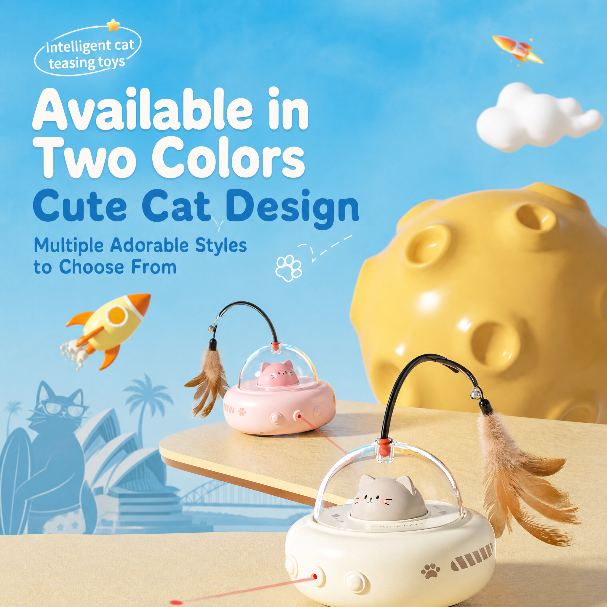 White Smart Cat Teaser Toy Rechargeable Interactive Cat Toy with Red Dot Light, Feather Wand, Obstacle Avoidance, Touch Wake-Up, Auto Standby, Soft Rubber Wheels, Cute Cat Design for Indoor Cats