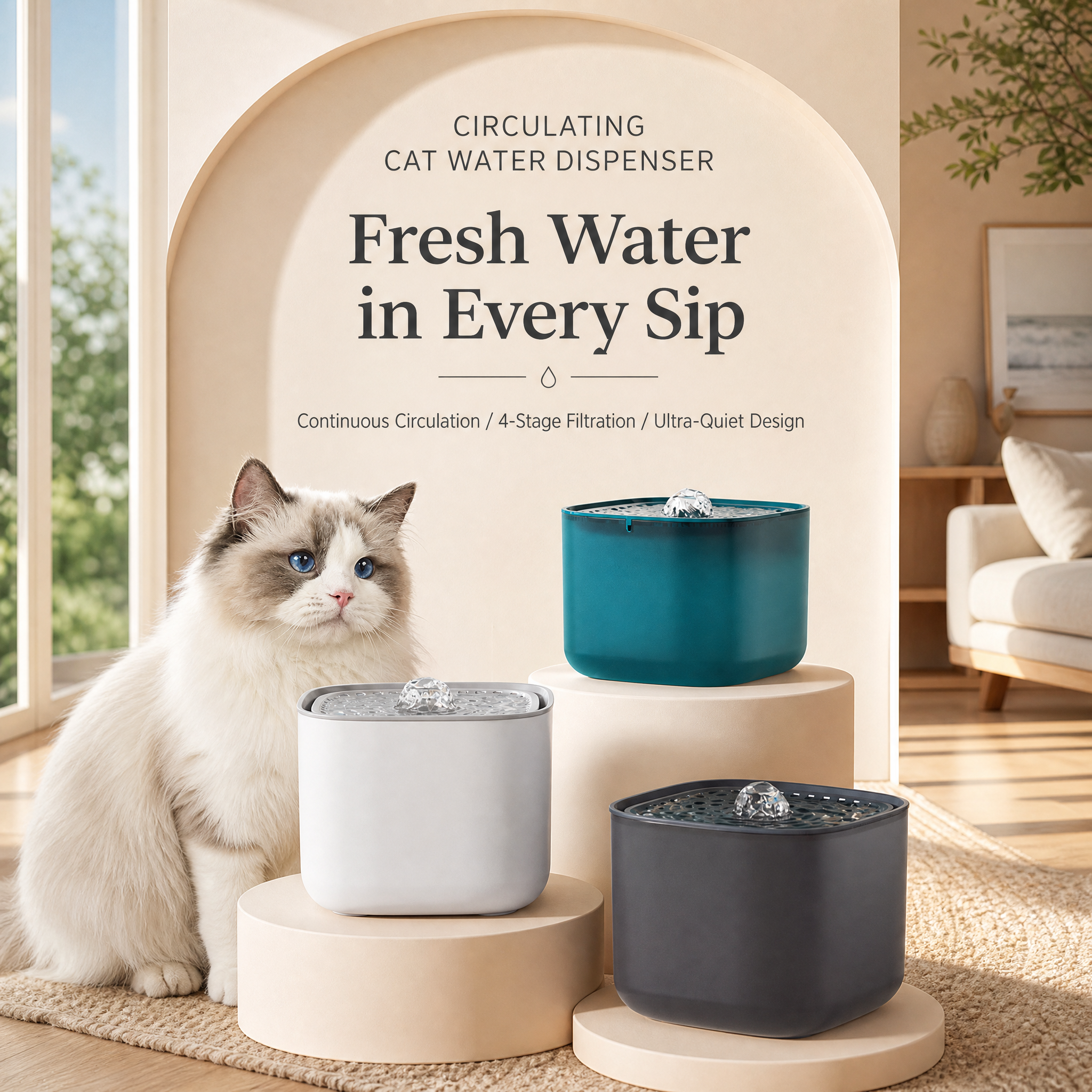 Black 3L/101oz Automatic Cat Water Fountain, Pet Water Dispenser with USB Wired Power, Detachable Design, Ultra-Quiet Pump (≤30dB), 3-Stage Filtration, Anti-Dry Burning Warning Light, BPA-Free for Multiple Cats & Small Dogs