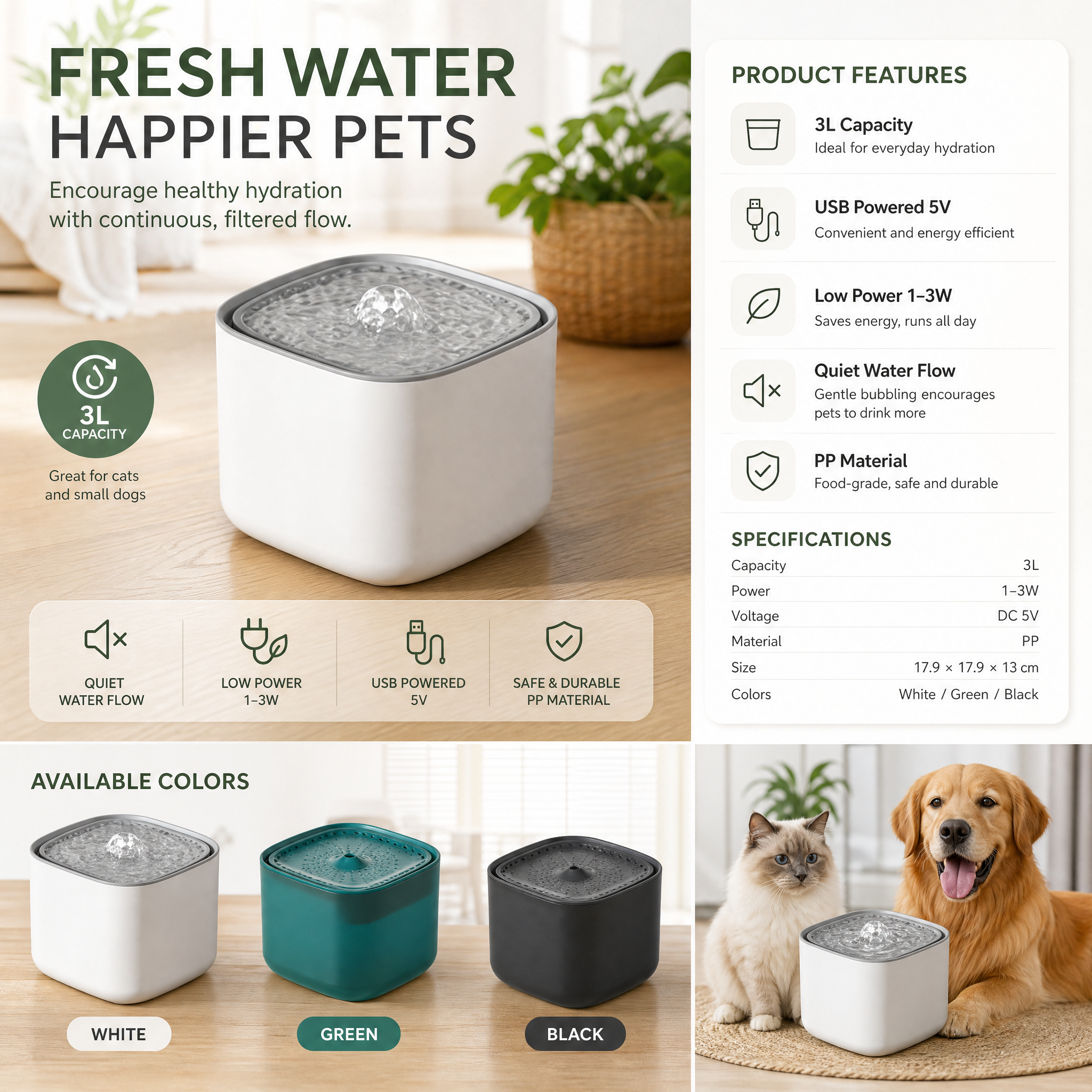 Black 3L/101oz Automatic Cat Water Fountain,6 Filter Included, Pet Water Dispenser with USB Wired Power,Detachable Design,Ultra-Quiet Pump (≤30dB),3-Stage Filtration,Anti-Dry Burning Warning Light,BPA-Free for Multiple Cats & Small Dogs