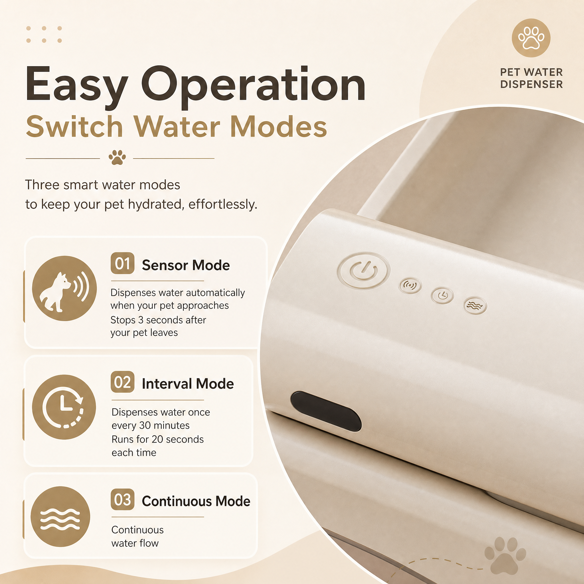 Cream White Cat Water Fountain 3L, Cordless Pet Water Dispenser for Cats & Small Dogs, Smart Sensor, 3 Modes, Quiet Rechargeable Type-C Drinking Bowl