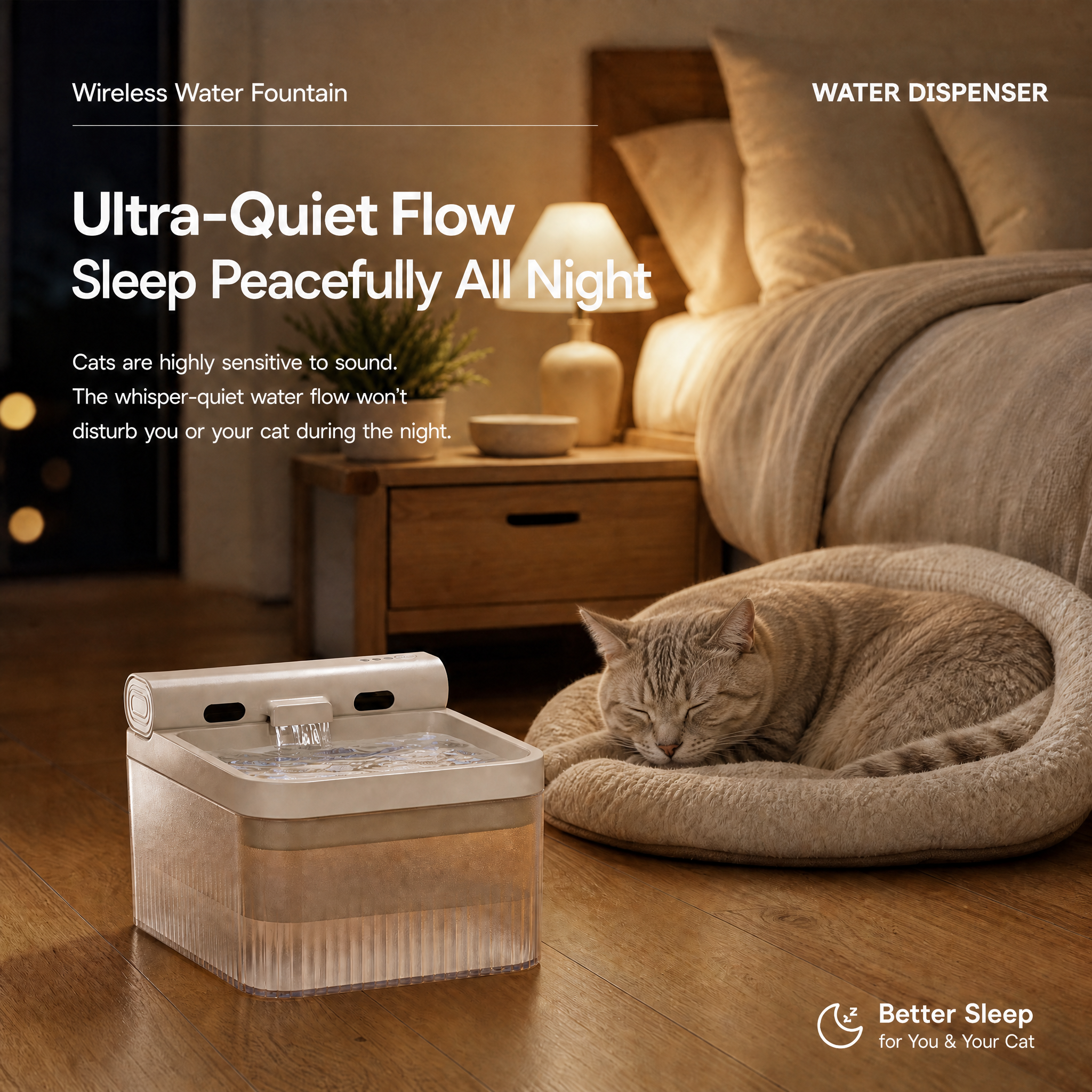 Cream White Cat Water Fountain 3L, Cordless Pet Water Dispenser for Cats & Small Dogs, Smart Sensor, 3 Modes, Quiet Rechargeable Type-C Drinking Bowl