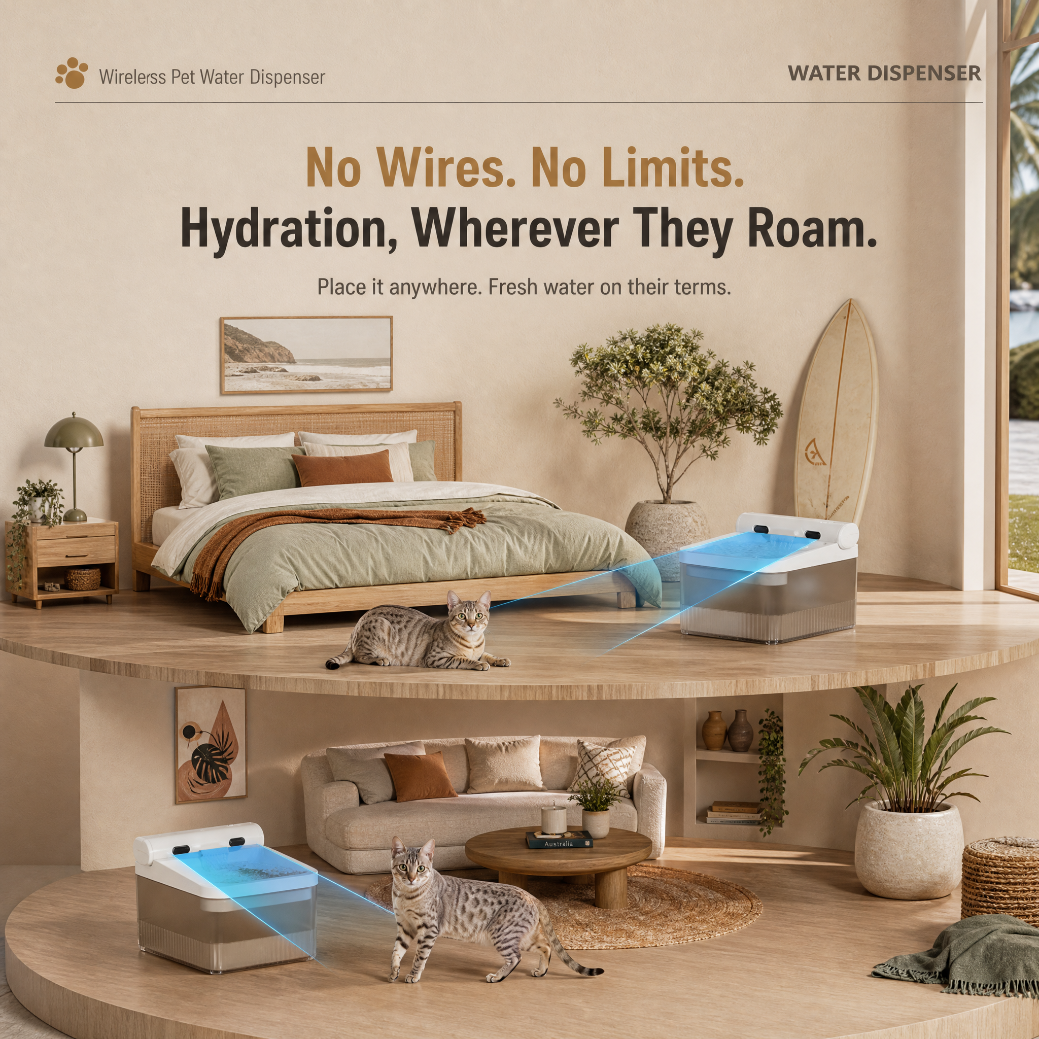 Cream White Cat Water Fountain 3L,6 Filters Included, Cordless Pet Water Dispenser for Cats & Small Dogs,Wireless Pet Fountain, Smart Sensor, 3 Modes, Quiet Rechargeable Type-C Drinking Bowl