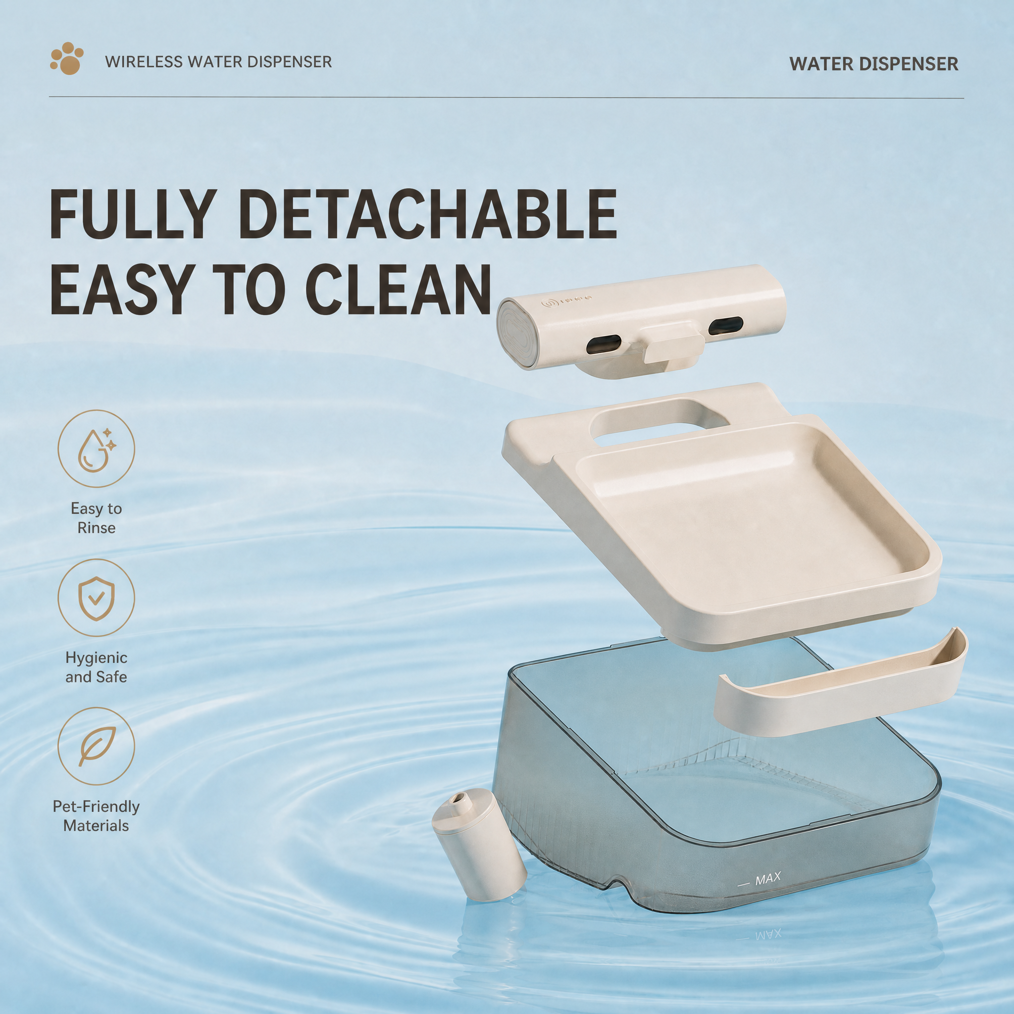 Cream White Cat Water Fountain 3L,6 Filters Included, Cordless Pet Water Dispenser for Cats & Small Dogs,Wireless Pet Fountain, Smart Sensor, 3 Modes, Quiet Rechargeable Type-C Drinking Bowl