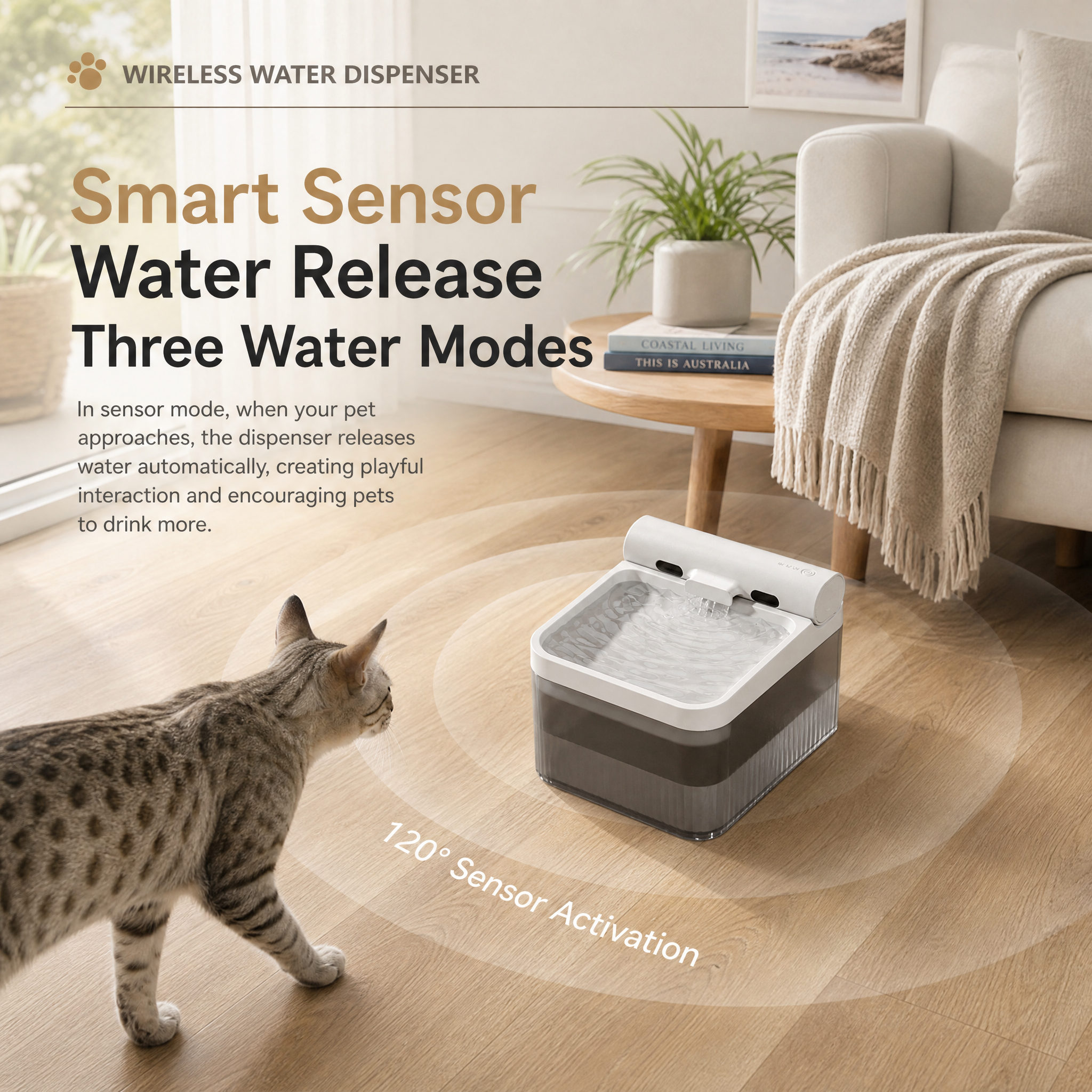 White Cat Water Fountain 3L, Cordless Pet Water Dispenser for Cats & Small Dogs,Wireless Pet Fountain, Smart Sensor, 3 Modes, Quiet Rechargeable Type-C Drinking Bowl