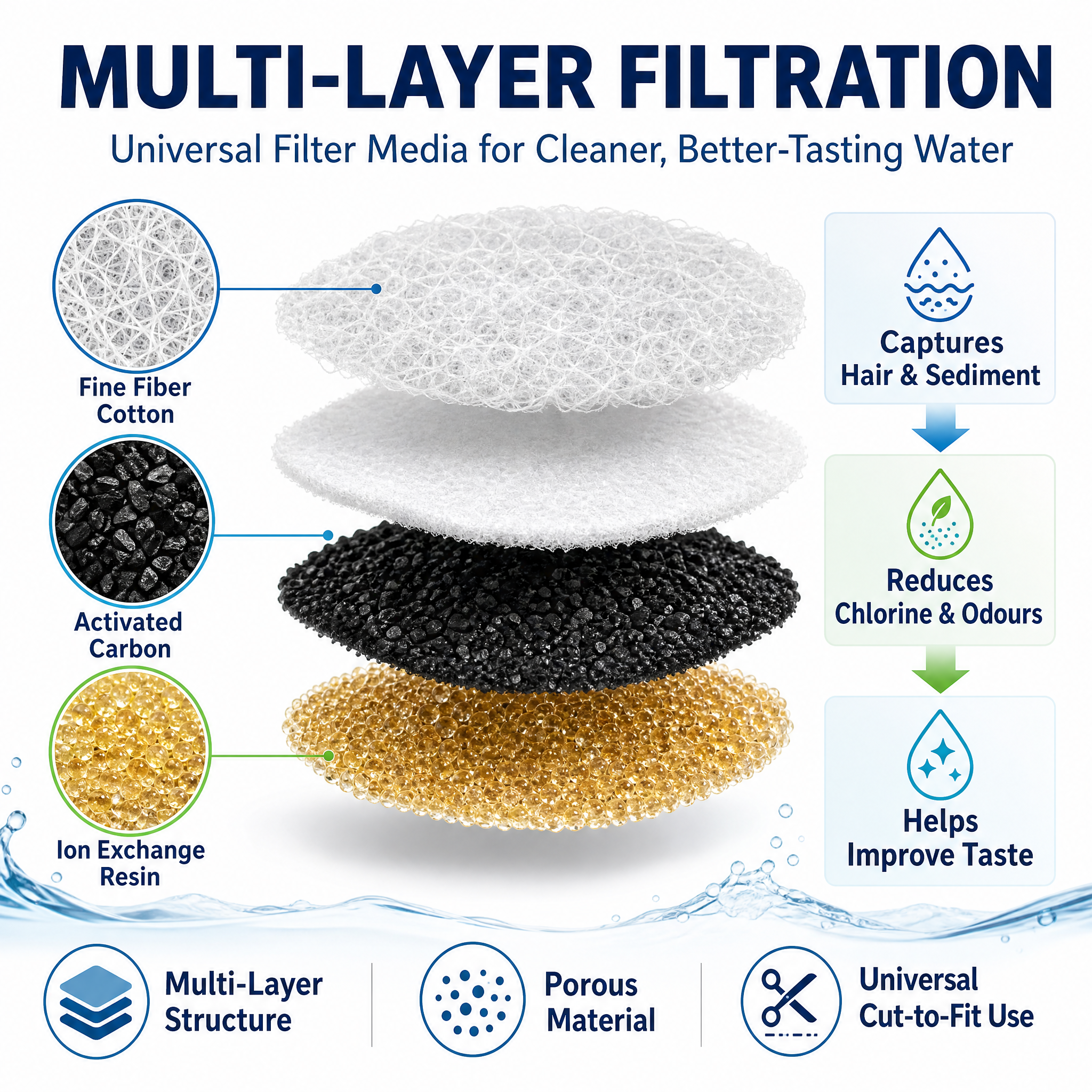 6 Pack Cat Water Fountain Filters for YSJ1008 Cordless Pet Water Dispenser, Replacement Filter Pads for Wireless Pet Water Fountain, Multi-Layer Filtration with Activated Carbon, Ion Exchange Resin and Fine Fiber Cotton, Cut-to-Fit Pet Fountain Filters