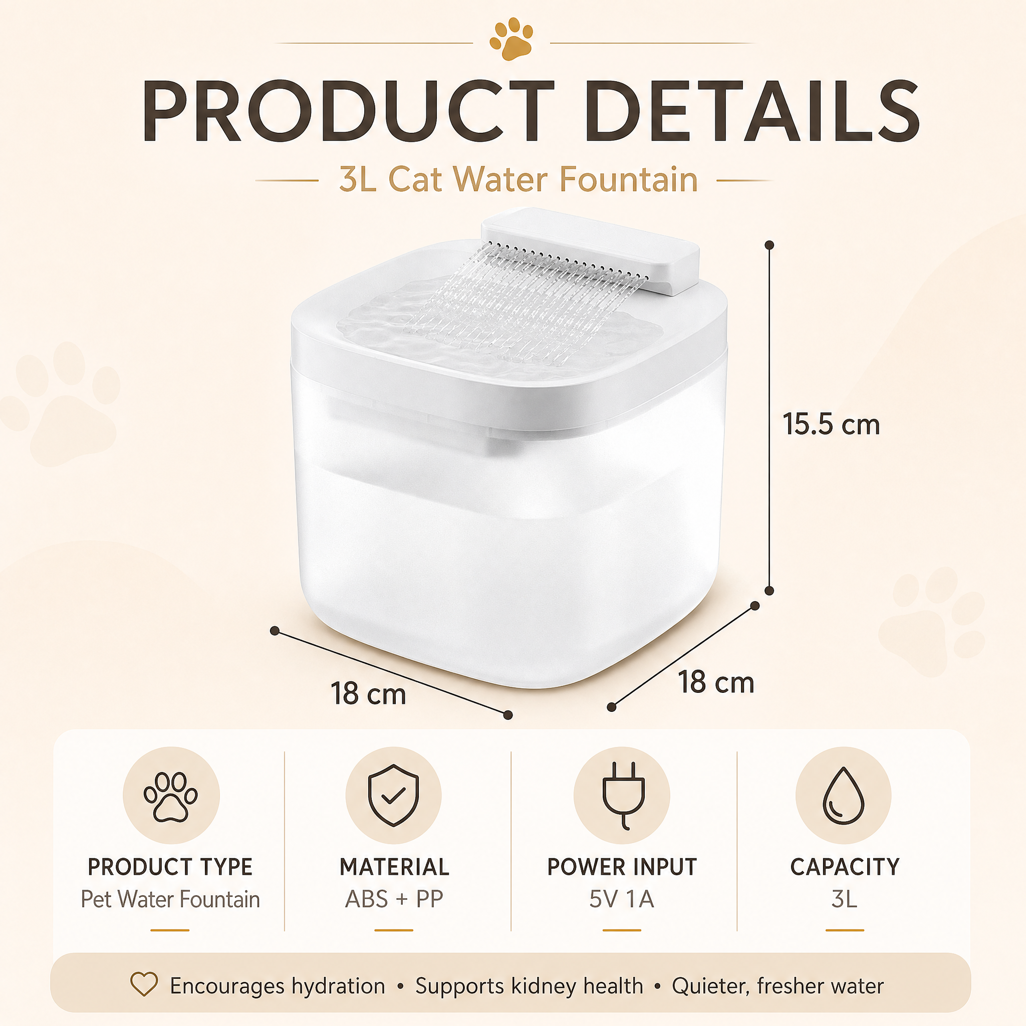 White Cat Water Fountain 3L,6 Filters Included, Wired Pet Water Dispenser for Cats & Small Dogs, Waterfall-Style Quiet Drinking Fountain with Filter, Easy-Clean ABS+PP Bowl, 5V 1A