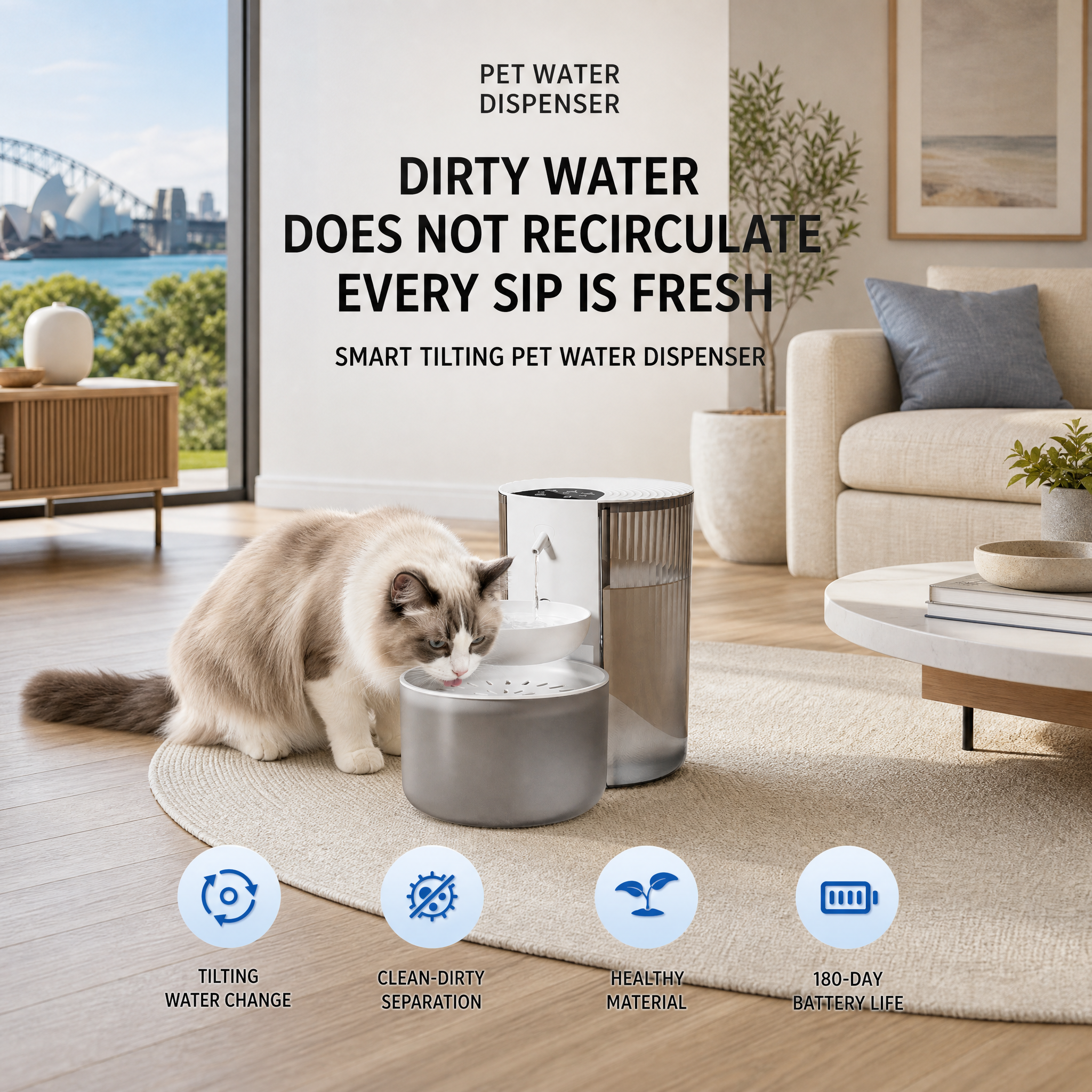 Cream White Smart Pet Water Dispenser 3L Cordless Cat Water Fountain No Filter Required, Rechargeable Wireless Pet Drinking Fountain with Clean & Waste Water Separation, Tilt-to-Refresh Bowl, 2000mAh Battery for Cats & Small Dogs