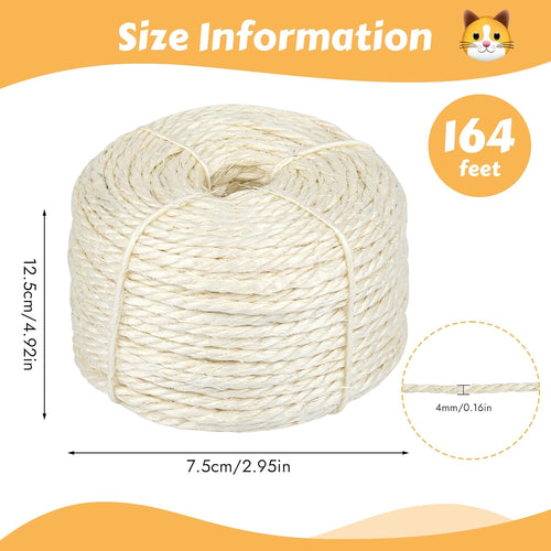 164 Feet Sisal Rope for Cat Scratching Post, 1/6 Inch Natural Cat Tree Rope, DIY Hemp Twine Rope for Repairing, Recovering Scratch Post Cats Tree Tower Replacement (White)