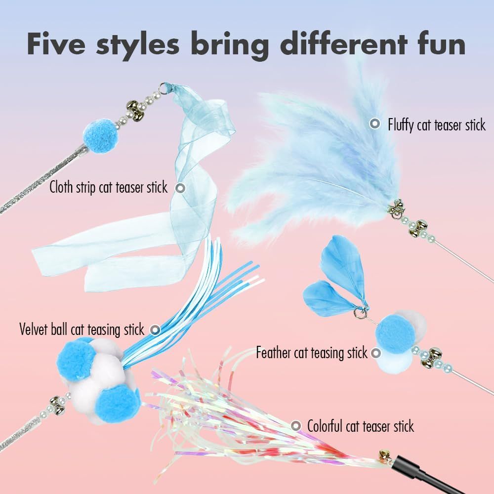 Cat Wand Toys, 5Pcs Interactive Kitten Feather Wand Toys for Bored Indoor Cats, Cat Teaser Wand with Bell and Crinkly Paper, Blue