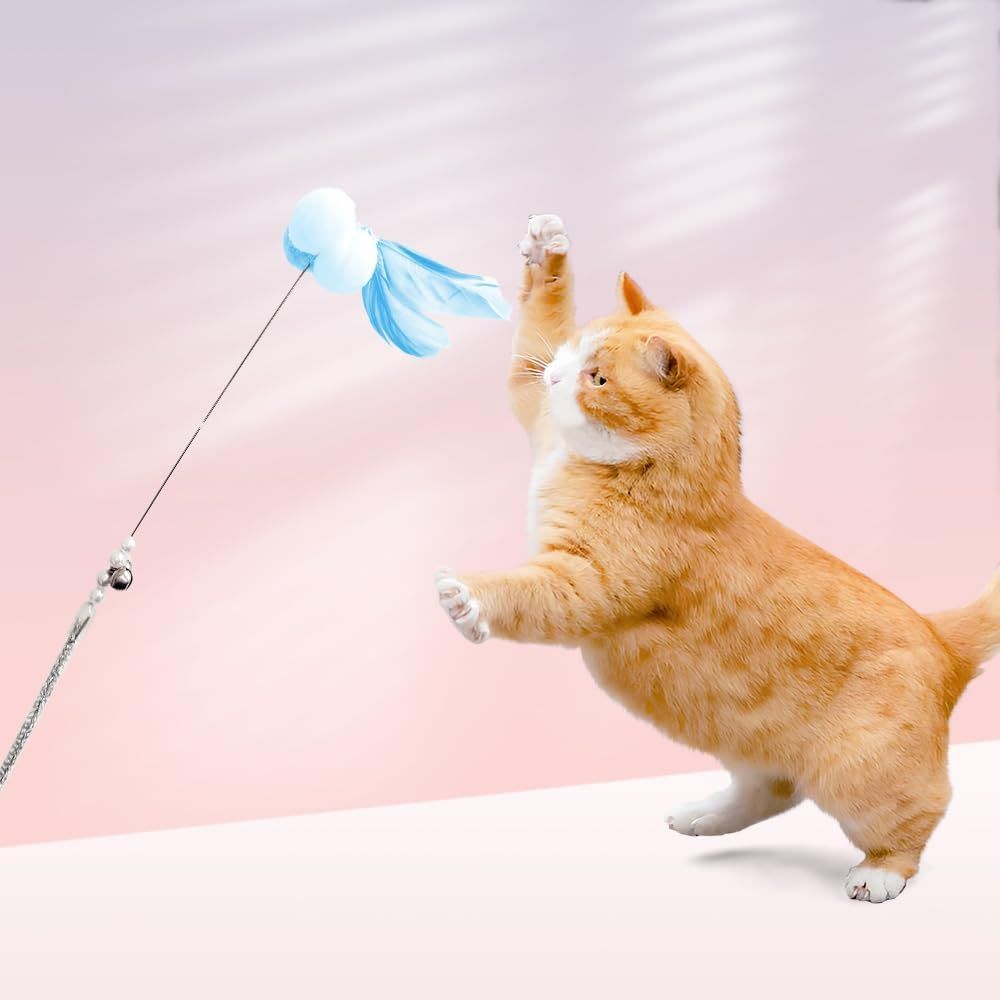 Cat Wand Toys, 5Pcs Interactive Kitten Feather Wand Toys for Bored Indoor Cats, Cat Teaser Wand with Bell and Crinkly Paper, Blue