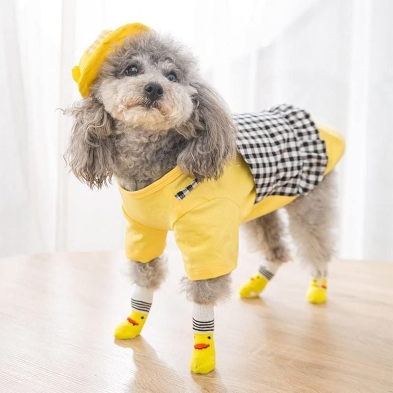 Non Slip Pet Socks for Dogs and Cats Knitted Paw Protector with Grips L Size - Grey stripes