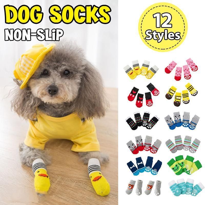 Non Slip Pet Socks for Dogs and Cats Knitted Paw Protector with Grips L Size - Blue bones