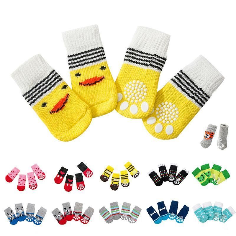Non Slip Pet Socks for Dogs and Cats Knitted Paw Protector with Grips L Size - Green frog