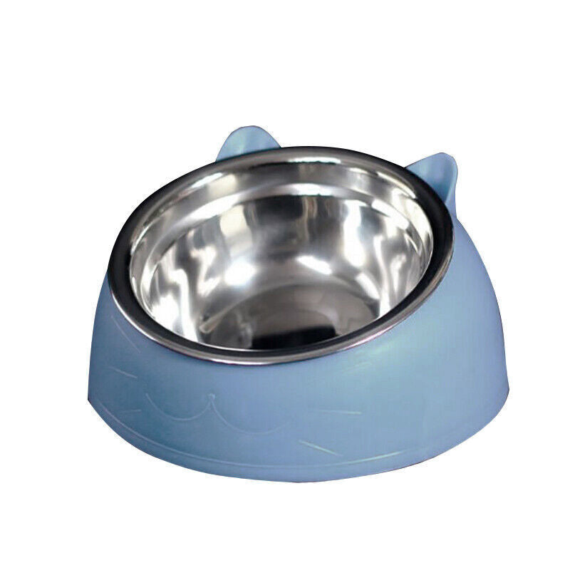 Pet Dog Cat Food Bowl Raised No Slip Stainless Steel Tilted Water Food Feeder - Black