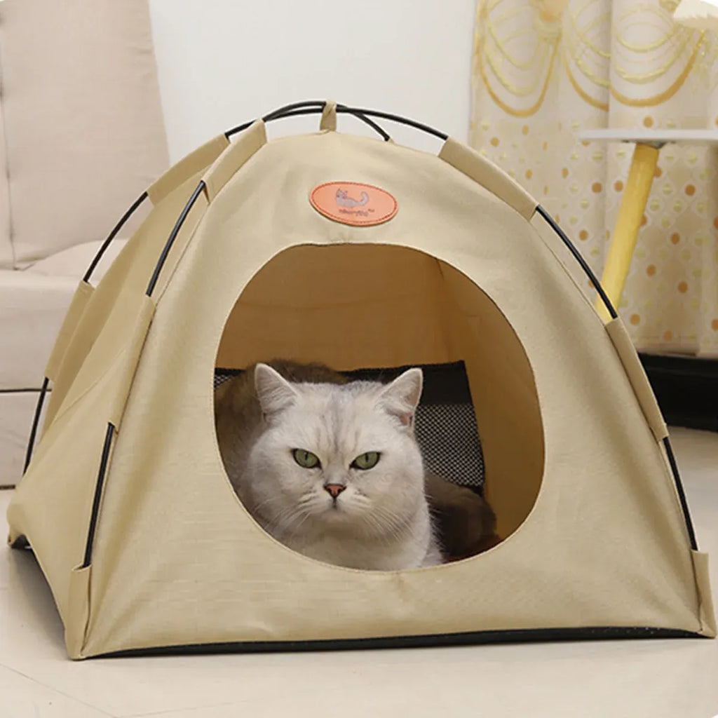 Folding Camping Pet Tent for Cats Puppy Bed Indoor Cat Nest Dog Cave Style House - Beige
