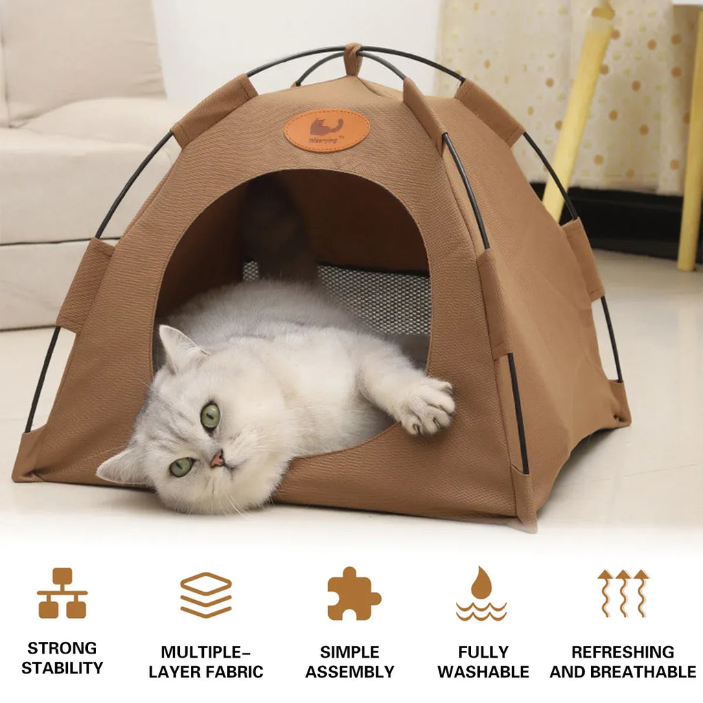 Folding Camping Pet Tent for Cats Puppy Bed Indoor Cat Nest Dog Cave Style House - Coffee