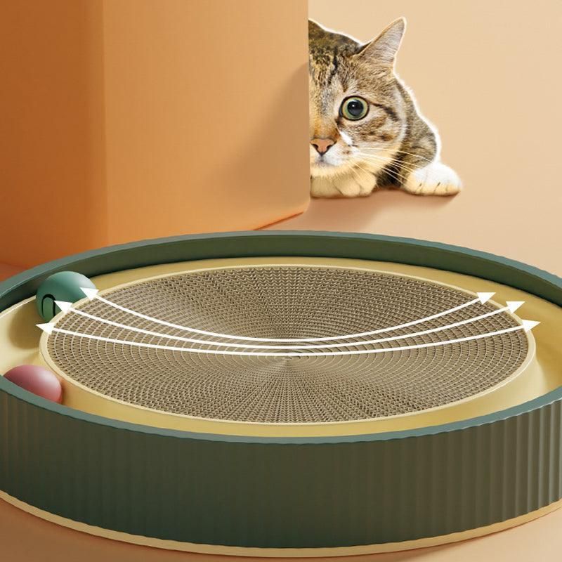 Cat Scratcher Lounge Bed Toy 40cm Round Foldable Cardboard Pad with Ball Track - Green