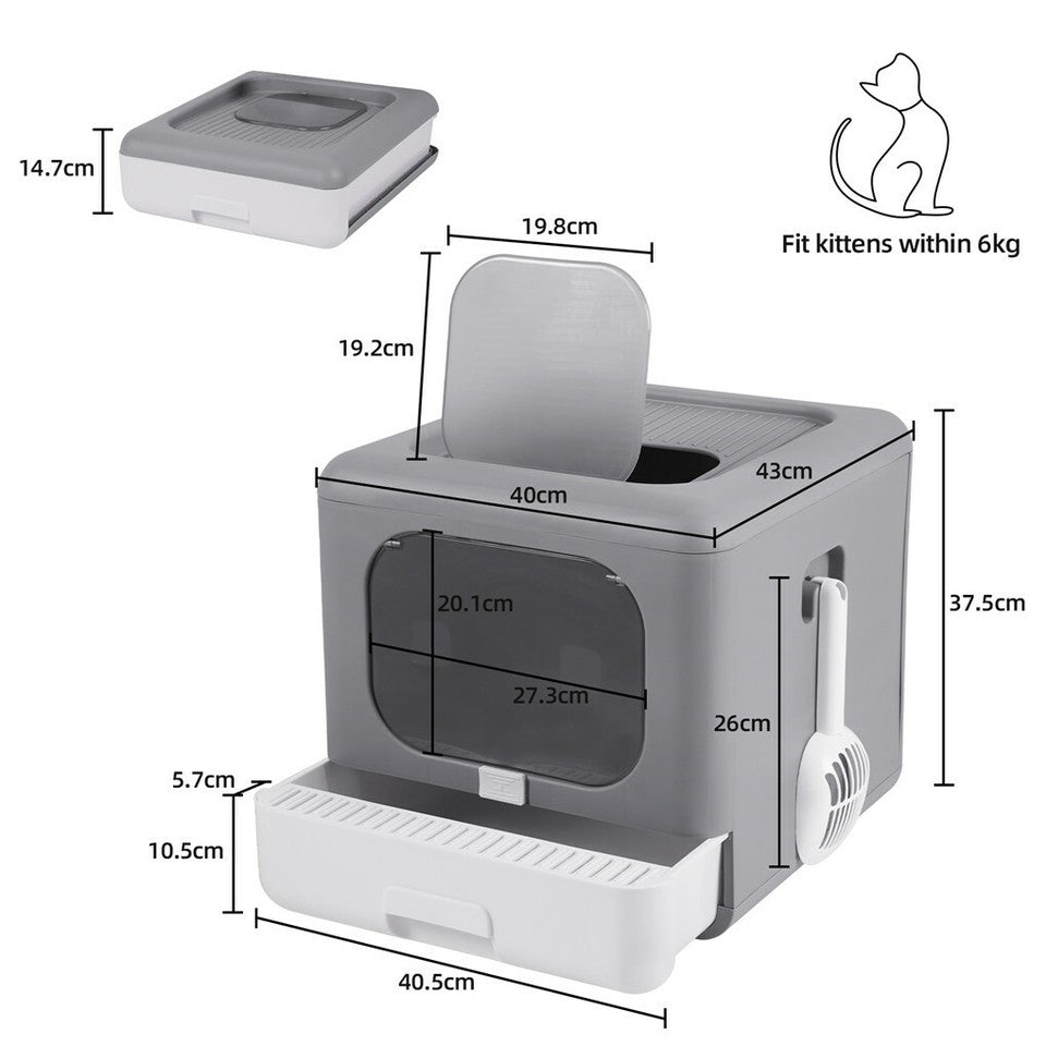 Foldable Fully Enclosed Hooded Cat Litter Box Self-Cleaning Kitty Toilet w Tray