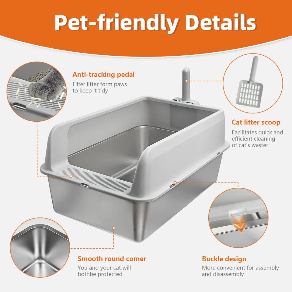 P&P Grey Silver Stainless Steel Cat Litter Box with High Sides, Open Top and Scoop