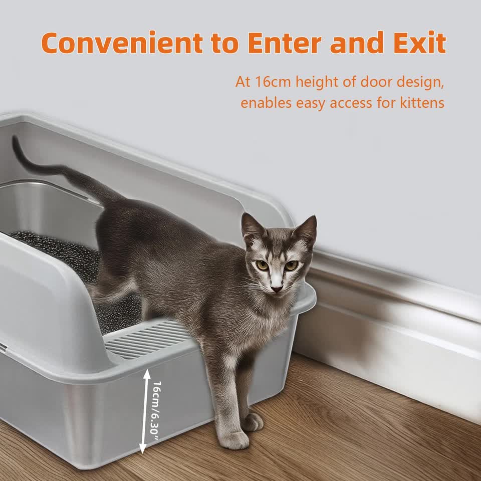 P&P Grey Silver Stainless Steel Cat Litter Box with High Sides, Open Top and Scoop