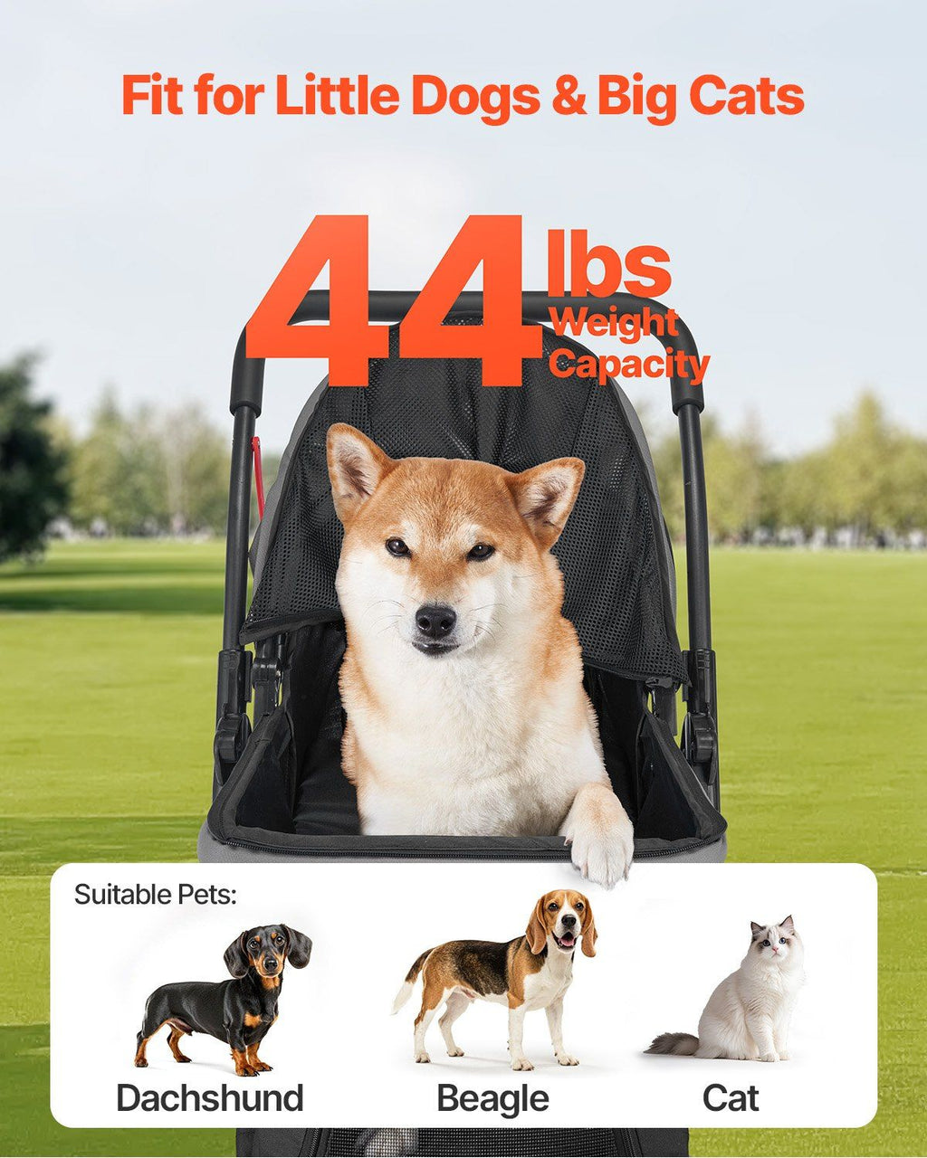 Pet Stroller, 20KG Weight Capacity, Foldable Dog Stroller Cart, 4 Wheels Cats Stroller with Mesh Windows & Revrsible Handle, Portable Pet Carrier Stroller with Brake, for Small to Medium Pets